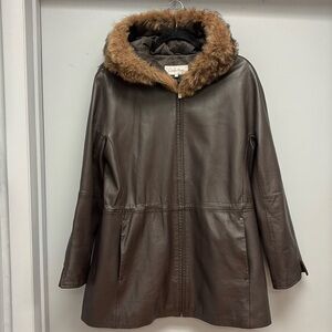 Calvin Klein Women’s Brown Leather Fur Trimmed Hood Coat Size Large